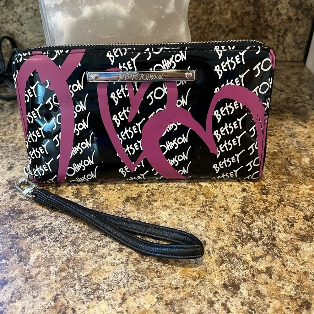 Betsey Johnson Black and Pink Wristlet with Heart Design
